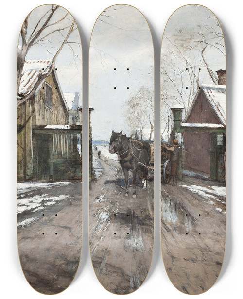 Triptych art skateboard deck of Victor Forssell At The City Toll Gate by Victor Forssell (1846-1931)