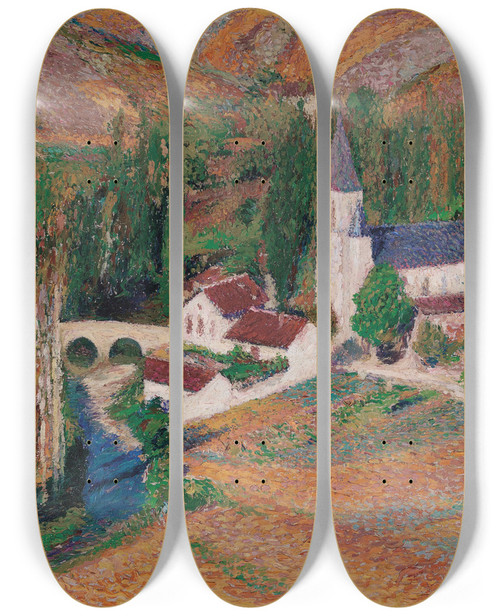 Triptych art skateboard deck of Henri Martin Lglise De Labastideduvert Avec Le Pont Et La Rivre Un Soir Dautomne by Henri Martin (1860-1943)