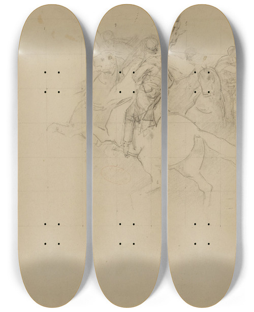 Triptych art skateboard deck of Paul Delamain Compositional Study Of A Charging Algerian Horseman by Paul Delamain (1821-1882)