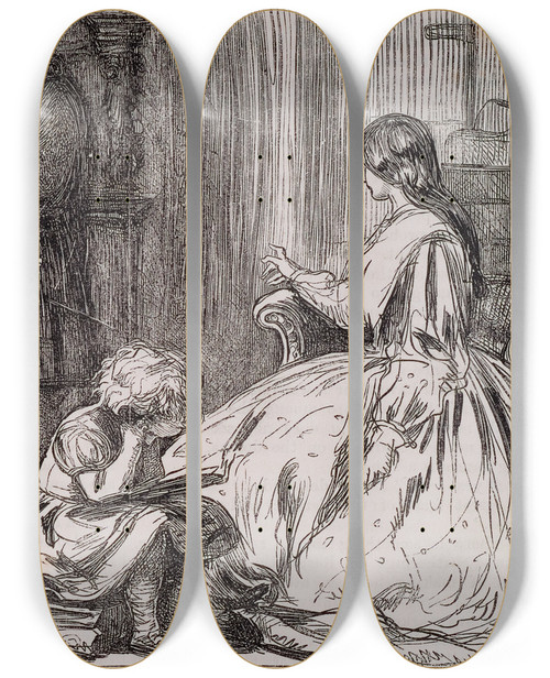 Triptych art skateboard deck of Sir John Everett Millais Son Christopher The Constables Breaks Into The House by Sir John Everett Millais (1829-1896)