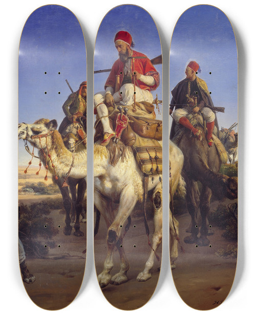 Triptych art skateboard deck of Horace Vernet The Artist And His Companions Travelling In The Desert by Horace Vernet (1789-1863)