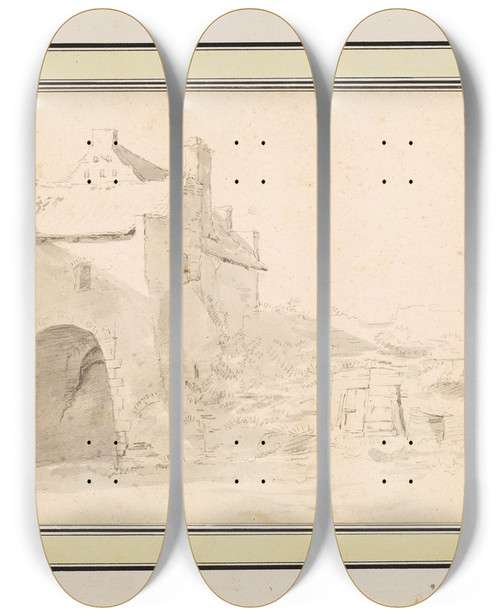Triptych art skateboard deck of Johann Heinrich Roos Architektonische Studie Zinnenturm by Johann Heinrich Roos (1631-1685)
