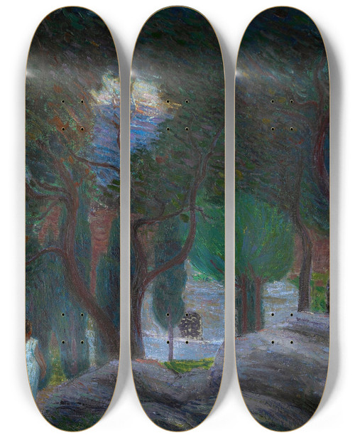 Triptych art skateboard deck of Hippolyte Petitjean An Evening In The Springtime Of Life Circa 1890 by Hippolyte Petitjean (1854-1929)
