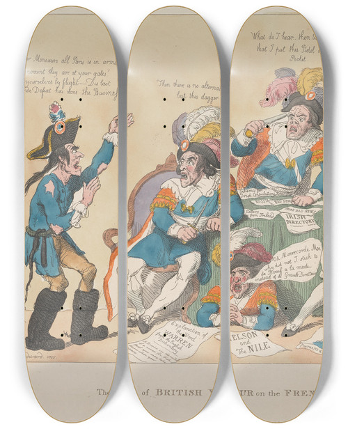 Triptych art skateboard deck of George Moutard Woodward The Effects Of British Valour On The French Directory by George Moutard Woodward (1765-1809)