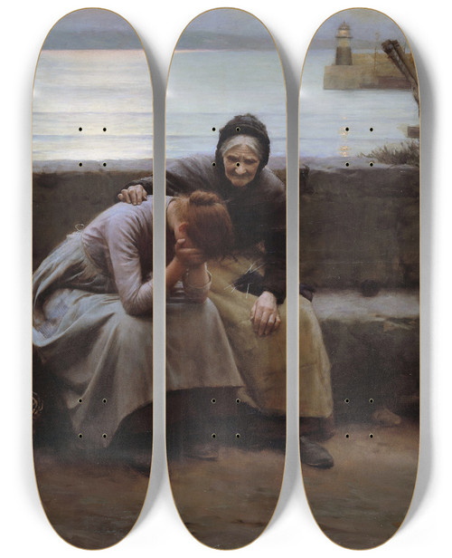 Triptych art skateboard deck of Walter Langley Never Morning Wore To Evening But Some Heart Did Break by Walter Langley (1852-1922)