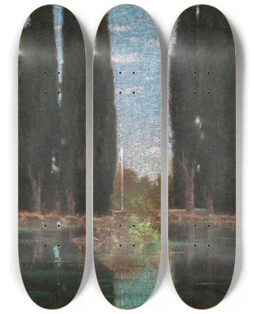 Triptych art skateboard deck of Gerolamo Cairati Der Zypressenteich In Der Villa Falconieri by Gerolamo Cairati (1860-1943)
