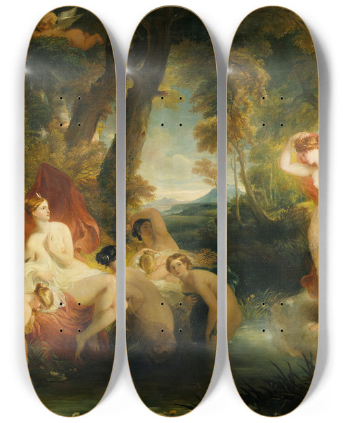 Triptych art skateboard deck of William Hilton Venus In Search Of Cupid Surprises Diana by William Hilton (1786-1839)