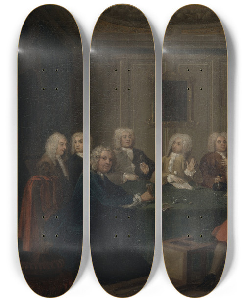 Triptych art skateboard deck of Joseph Highmore A Club Of Gentlemen by Joseph Highmore (1692-1780)