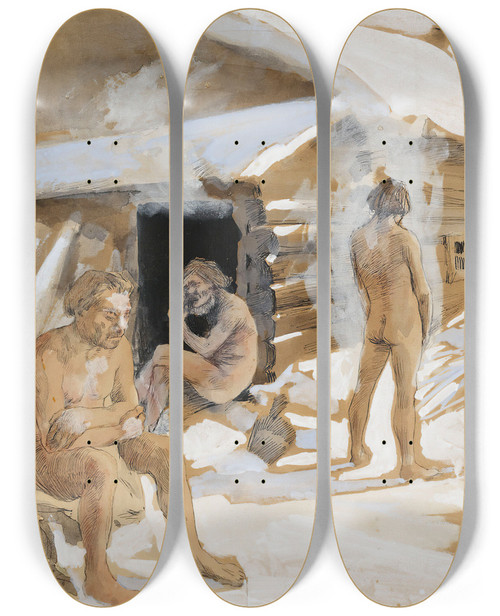 Triptych art skateboard deck of Akseli Gallenkallela Outside The Sauna by Akseli Gallen Kallela (1865-1931)