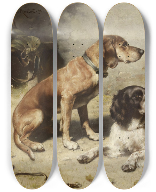 Triptych art skateboard deck of Carl Reichert Nach Der Jagd by Carl Reichert (1836-1918)