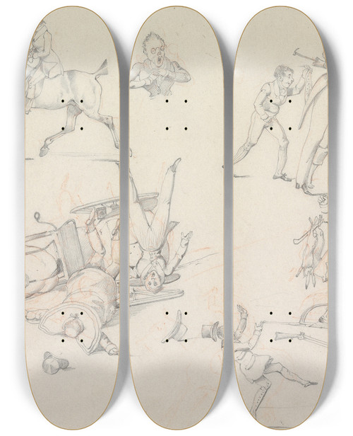 Triptych art skateboard deck of Henry Thomas Alken Symptoms Of Being Drawn Of A Fine Song Of Troting Of Being In Of Being Out Of A Recoil by Henry Thomas Alken (1785-1851)