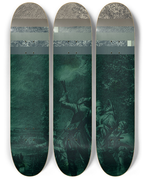Triptych art skateboard deck of Johann Ludwig Ernst Morgenstern Zigeuner Mit Packesel Ziehen In Begleitung Eines Fackeltrgers Durch Einen Bach by Johann Ludwig Ernst Morgenstern (1738-1819)
