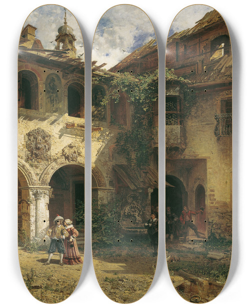 Triptych art skateboard deck of Robert Russ Hof Der Frstenburg In Burgeis by Robert Russ (1847-1922)