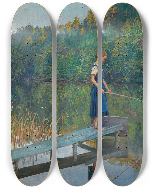 Triptych art skateboard deck of Josef Engelhart A Girl On A Jetty Fishing by Josef Engelhart (1864-1941)