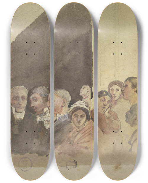 Triptych art skateboard deck of Eugne Laermans Verveelde Toeschouwers Bij Een Publieke Voorstelling by Eugene Laermans (1864-1940)