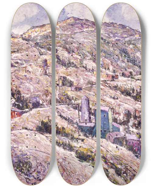 Triptych art skateboard deck of Ernest Lawson Gold Mining Cripple Creek by Ernest Lawson (1873-1939)