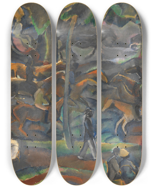 Triptych art skateboard deck of Georges Kars Reiter Und Flaneure Im Park by Georges Kars (1882-1945)