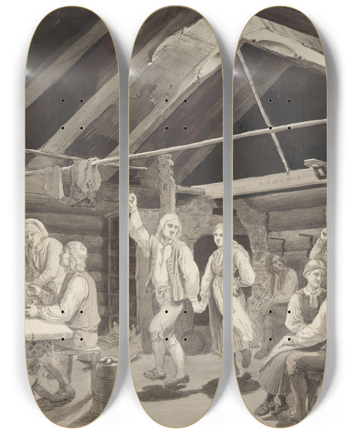 Triptych art skateboard deck of Adolph Tidemand Sndagskveld I En Rkstue by Adolph Tidemand (1814-1876)