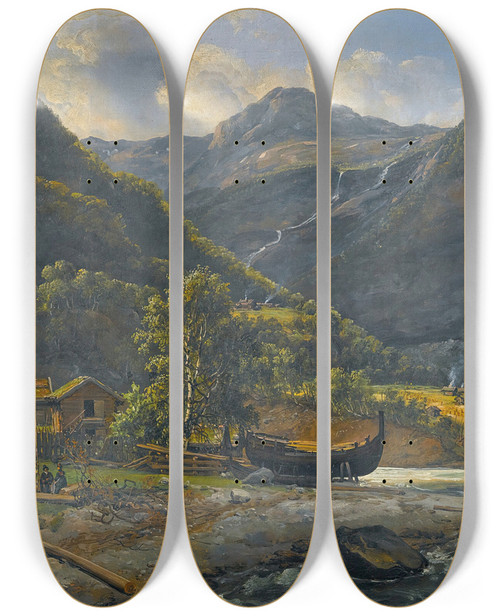 Triptych art skateboard deck of Johan Christian Dahl View At Skjolden In Lyster by Johan Christian Dahl (1788-1857)