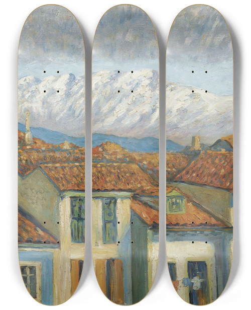 Triptych art skateboard deck of Daro De Regoyos Rentera And The Mountains Ofaya by Daro de Regoyos (1857-1913)