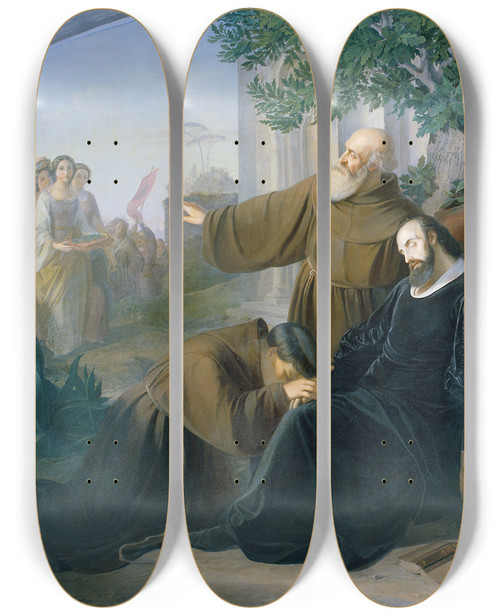 Triptych art skateboard deck of Friedrich Friedlnder Der Tod Torquato Tassos by Friedrich Friedlander (1825-1901)