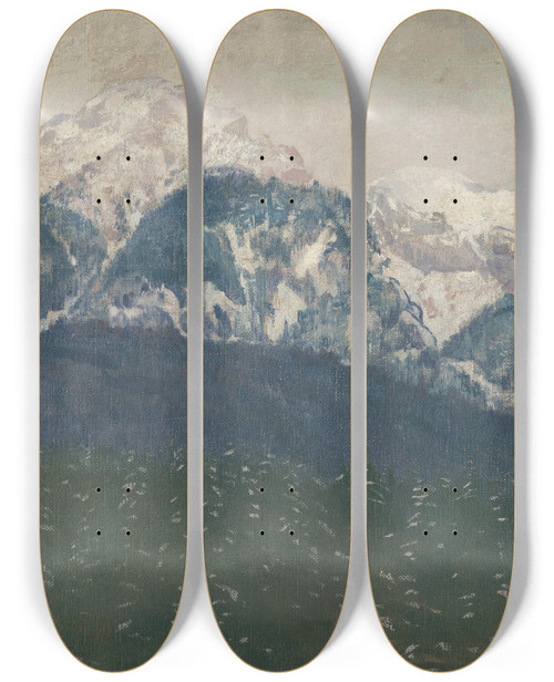 Triptych art skateboard deck of Ferdinand Katona View Of The High Tatras_1 by Ferdinand Katona (1864-1932)