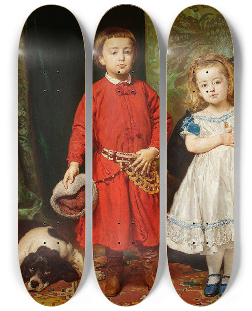 Triptych art skateboard deck of Jan Matejko Portrait Of Artists Three Children Tadeusz Helena And Beata by Jan Matejko (1838-1893)