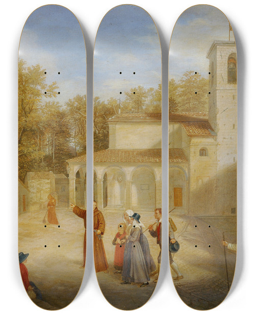 Triptych art skateboard deck of Franz Xaver Lair Im Klosterhof by Franz Xaver Lair (1812-1875)