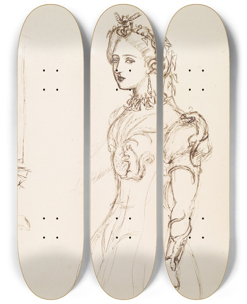 Triptych art skateboard deck of Sir John Everett Millais Effie Ruskin Wearing A Dress Decorated With Natural Ornament by Sir John Everett Millais (1829-1896)