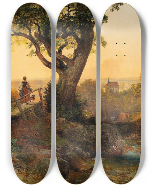Triptych art skateboard deck of Anton Hansch A Scene At Dusk With A View Of The Othmarskirche In Mdling by Anton Hansch (1813-1876)
