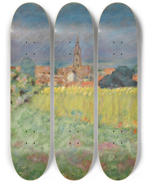 Triptych art skateboard deck of Pierre Bonnard Le Champ De Bl Devant Lglise by Pierre Bonnard (1867-1947)