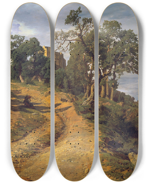 Triptych art skateboard deck of Ferdinand Georg Waldmller Die Ruine Liechtenstein Bei Mdling by Ferdinand Georg Waldmuller (1793-1865)