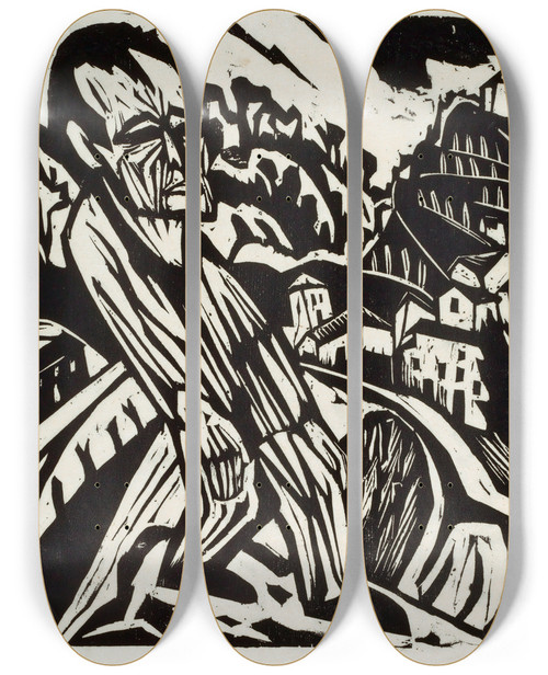 Triptych art skateboard deck of Hermann Scherer Mann In Landschaft Der Maler by Hermann Scherer (1893-1927)