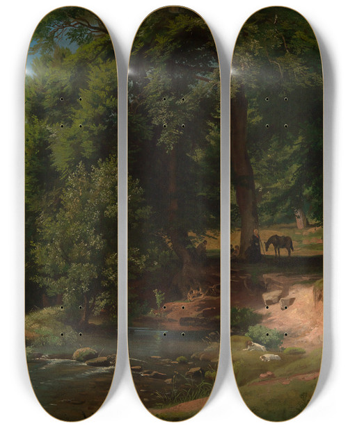 Triptych art skateboard deck of Johann Wilhelm Schirmer An Der Alb I Mit Rastenden Reitern by Johann Wilhelm Schirmer (1807-1863)