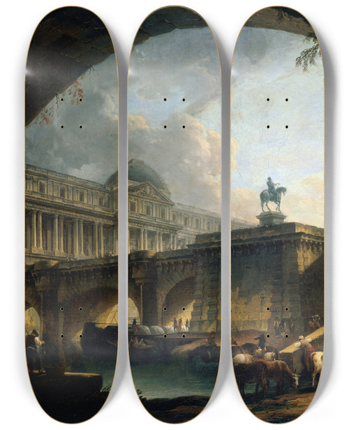 Triptych art skateboard deck of Pierreantoine Demachy Caprice Architectural Un Palais Inspir Du Louvre Et Le Pontneuf Sencadrant Dans Larche Dun Pont by Pierre-Antoine Demachy (1723-1807)
