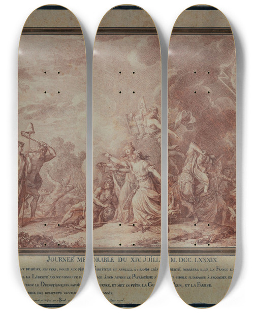 Triptych art skateboard deck of Antoine Borel Composition Allgorique Relative Au 14 Juillet 1789 by Antoine Borel (1743-1810)