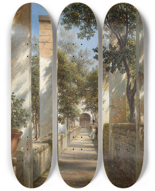 Triptych art skateboard deck of Thomas Fearnley Pergola With Oranges by Thomas Fearnley (1802-1842)