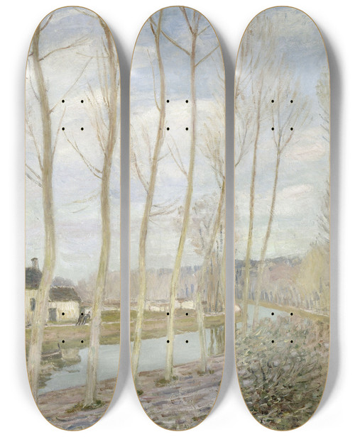 Triptych art skateboard deck of Alfred Sisley The Loings Canal by Alfred Sisley (1840-1899)