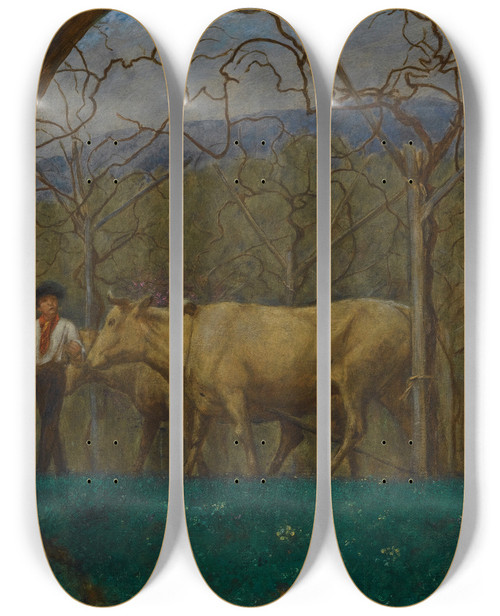 Triptych art skateboard deck of Hans Thoma Dmmerung Am Gardasee Dusk On Lake Garda by Hans Thoma (1839-1924)