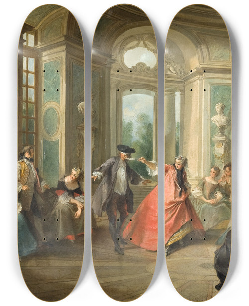Triptych art skateboard deck of Nicolas Lancret Blind Mans Buff by Nicolas Lancret (1690-1743)