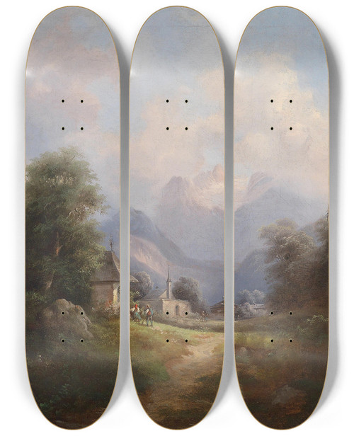 Triptych art skateboard deck of Gustav Barbarini Gebirgstal Mit Figurenstaffage by Gustav Barbarini (1840-1909)