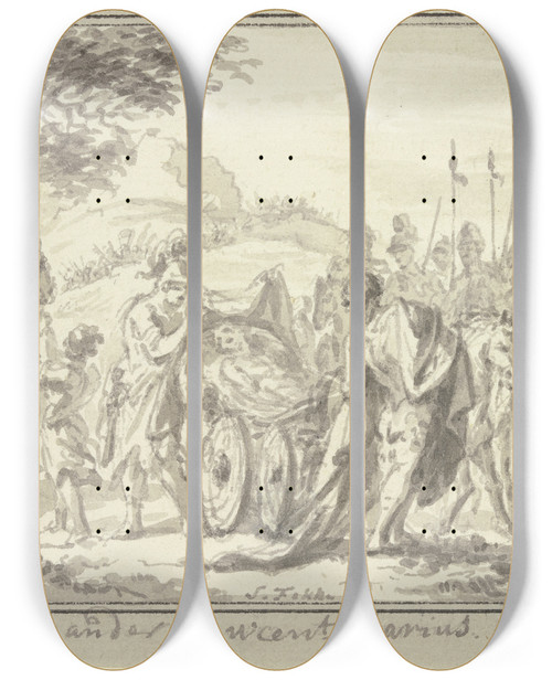 Triptych art skateboard deck of Simon Fokke Alexander Beweint Dareios by Simon Fokke (1712-1784)