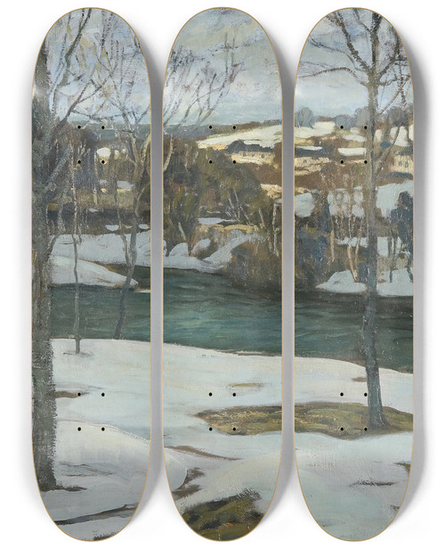 Triptych art skateboard deck of Walter Elmer Schofield River In Snow by Walter Elmer Schofield (1866-1944)