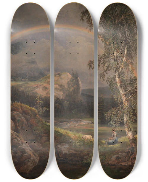 Triptych art skateboard deck of Johan Christian Dahl Norwegian Landscape With A Rainbow by Johan Christian Dahl (1788-1857)