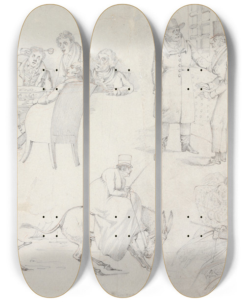 Triptych art skateboard deck of Henry Thomas Alken Symptoms Of Entering Quod Of A Hunting Story Of A Gig And Pair Of Wont Go Of Been In Quod Some Tome by Henry Thomas Alken (1785-1851)