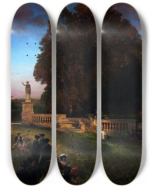Triptych art skateboard deck of Oswald Achenbach In The Park Of The Villa Borghese by Oswald Achenbach (1827-1905)