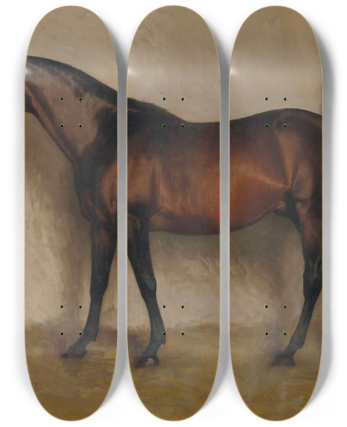 Triptych art skateboard deck of Jeanlon Grme Dollar A Bay Hunter In A Loose Box by Jean-Lon Grme (1824-1904)