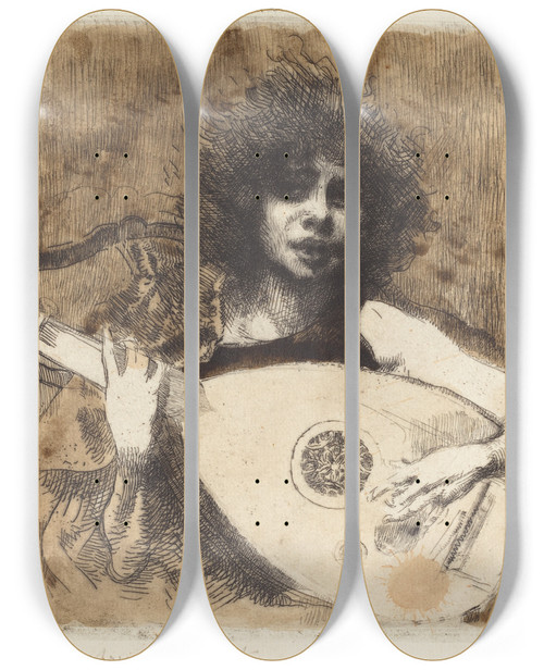 Triptych art skateboard deck of Albert Besnard The Lute Player La Joueuse De Luth by Albert Besnard (1849-1934)