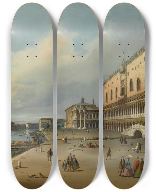 Triptych art skateboard deck of Carlo Grubacs Venice A View Of The Riva Degli Schiavoni Looking Towards The Dogana And Santa Maria Della Salute by Carlo Grubacs (1812-1870)