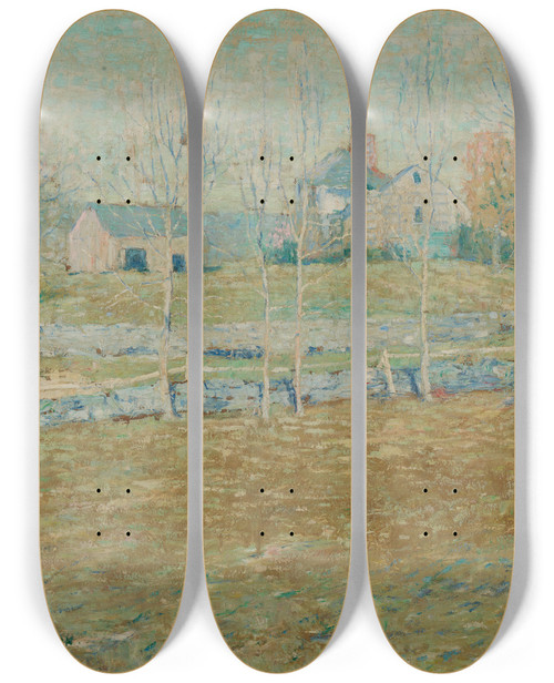 Triptych art skateboard deck of Ernest Lawson An Abandoned Farm by Ernest Lawson (1873-1939)